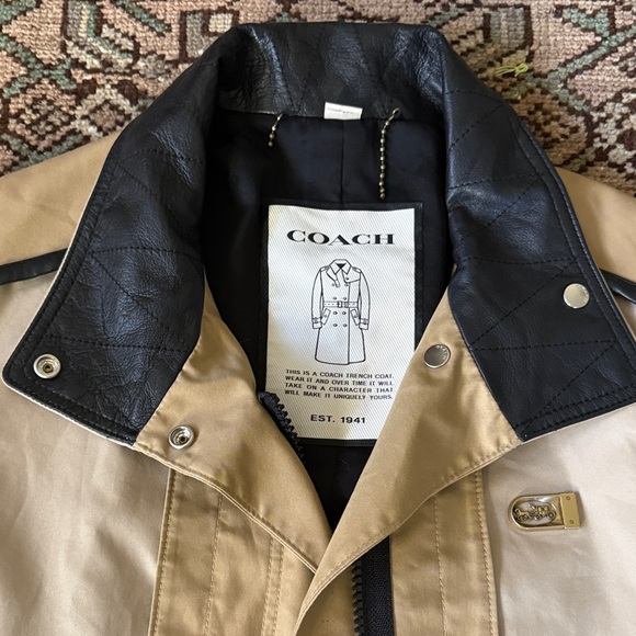 Coach Tan and Black Cotton Leather Wool Trench Coat - Picture 3 of 15